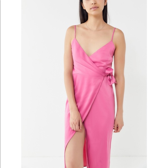 pink wrap midi dress